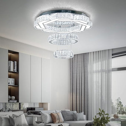 22.5" Crystal Chandeliers Living Room Modern Chandelier Crystal Ceiling Light LED 2 Rings Pendant Light Flush Mount Chandelier for Bedroom Dining Room Entryway (Cool White)