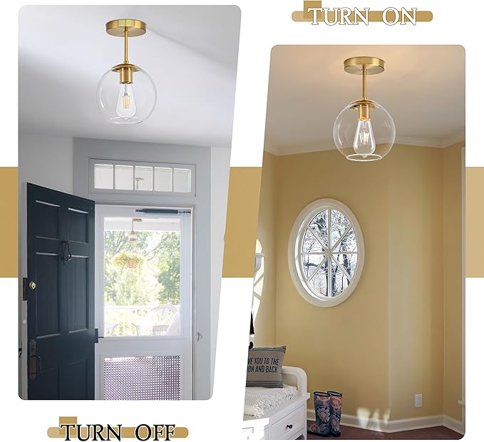 Bagood Gold Semi Flush Mount Ceiling Light Fixture with Clear Glass Light Fixture Mid Century Light Fixtures Gold Semi Flush Ceiling Light Fixtures for Dining Room Kitchen Island (Bulb Incl)