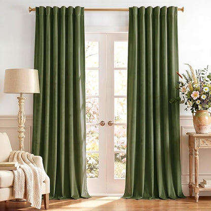 StangH Moss Green Curtains 92 inches Long Super Soft Velvet Room Darkening Thermal Insulated Window Drapes Back Tab Christmas Decor for Bedroom Living Room, W52 x L92, 2 Panels