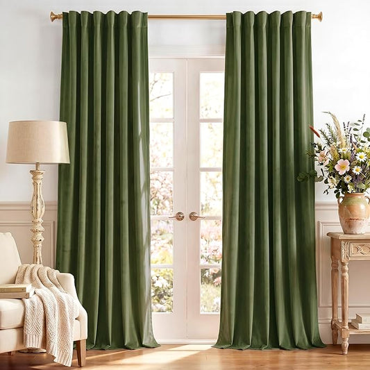 StangH Moss Green Curtains 92 inches Long Super Soft Velvet Room Darkening Thermal Insulated Window Drapes Back Tab Christmas Decor for Bedroom Living Room, W52 x L92, 2 Panels