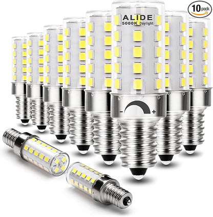 ALIDE Dimmable E12 5000k Daylight White Led Bulbs,Replace Kx-2000 40 Watt E12 Halogen Equivalent,T6 Base 120V C7 LED Candelabra Bulbs 4W Bright White for Ceiling Fan Chandelier Salt Lamp,450lm,10Pack