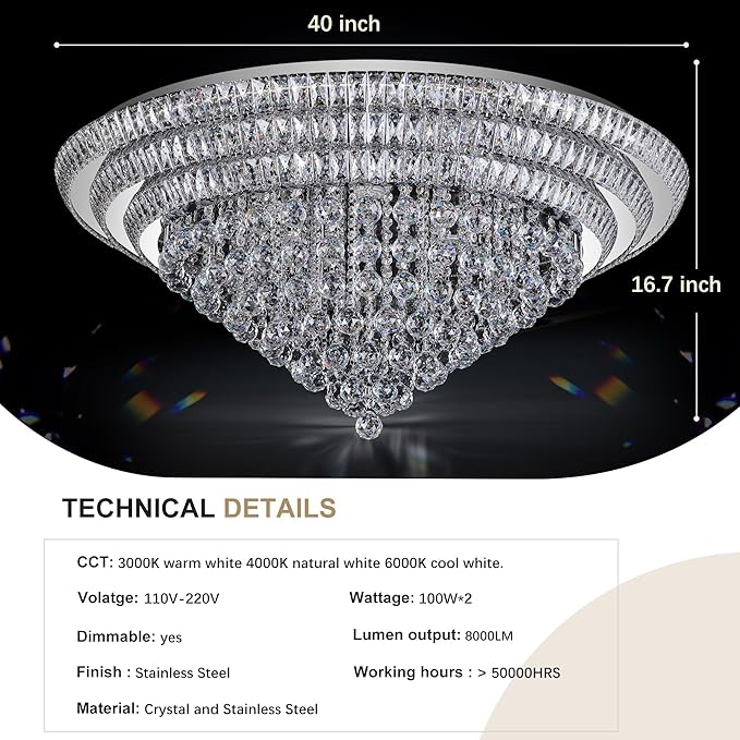 COCOSTAR 40" Crystal Chandeliers, Flush Mount Chandelier LED Ceiling Light, Modern Crystal Raindrop Chandeliers for Dining Room, Living Room, Bedroom