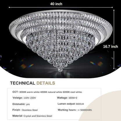 COCOSTAR 40" Crystal Chandeliers, Flush Mount Chandelier LED Ceiling Light, Modern Crystal Raindrop Chandeliers for Dining Room, Living Room, Bedroom