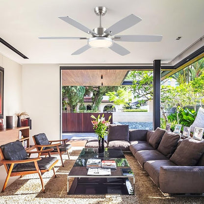 Hounberi 52 Inch Ceiling Fans with Lights and Remote, Modern Brushed Nickel Ceiling Fan with Light, Reversible DC Motor, Dual-Sided 6 Blades, 3CCT, Dimmable LED Ceiling Fan for Living room, Bedroom