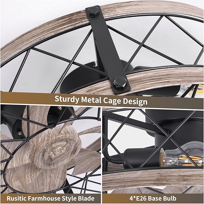 REDSTAR Flush Mount Caged Ceiling Fan with Lights, 20" Small Bladeless Ceiling Fans with Remote, Rustic Low Profile Ceiling Fans 6-Speeds Reversible Enclosed Ceiling Fan for Bedroom Kitchen Farmhouse