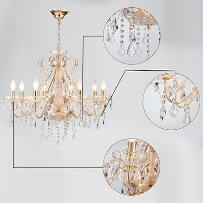 Saint Mossi Gold Crystal Chandelier for Dining Room, 8-Light Modern Chandelier Pendant Light, Gold Crystal Raindrop Chandelier for Bedroom, Living Room, Foyer