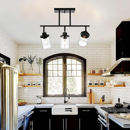 Track Lighting Fixtures 3 Light Ceiling Lights with Adjustable Track Heads, Black Bathroom Vanity Light with Clear Glass Shade, Modern Track Lighting Kit for Kitchen Office Living Room