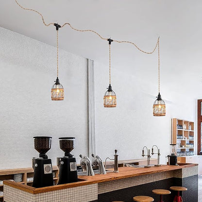 3 Light Hemp Rope Plug in Pendant Light Rattan Hanging Lights with Plug in Cord with Woven Lamp Shade, Plug in Cord Hemp Rope Hanging Lamp
