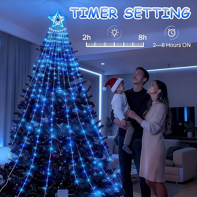 Star String Lights, 350 LED Tree Waterfall Fairy Lights, Outdoor Waterproof Christmas Decoration Lights with Remote, 16FT X 9 Hanging LED Lamp for Garden Yard Wedding Birthday Festival, Ocean Blue