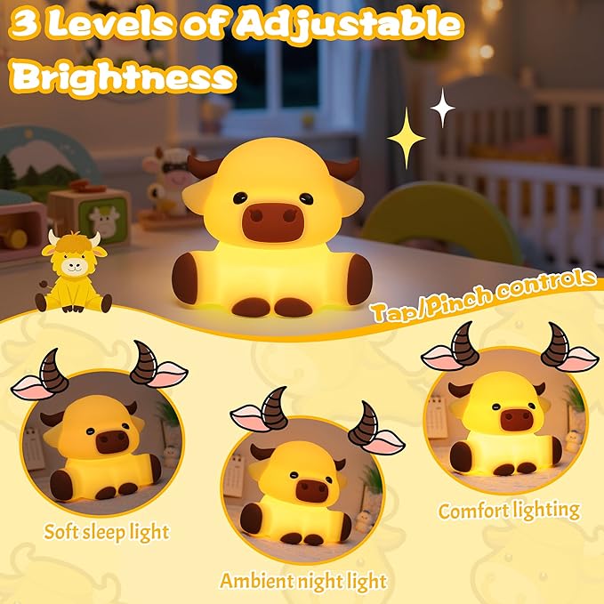 OkiyiD Highland Cow Lamp, Dimmable Silicone Touch Night Light, Soft Glow Bedside Lamp for Bedroom or Desk Decor, Highland Cow Gifts, USB Powered with Gentle Illumination
