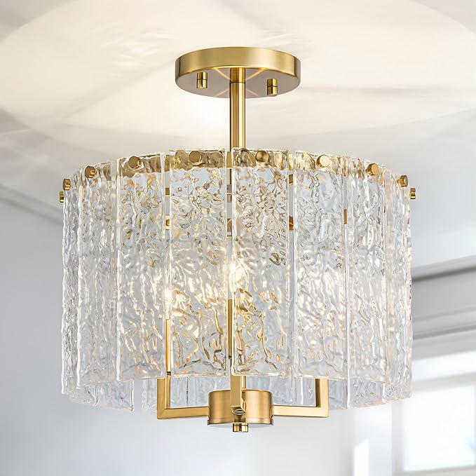 LumFurn 3-Light Modern Ceiling Light for Living Room, Bedroom, Foyer, Kitchen, Close to Ceiling Semi-Flushmount Light Fixture, D12.6 x H14.6, Handmade Glass Shade & Gold Finish Frame
