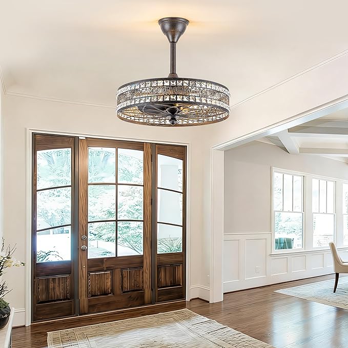 Vintage Chandelier Light Fixture, 6-Light Crystal Victorian Antique Bronze Fandelier Ceiling Fan with Light, Ornate Caged Bladeless Enclosed Drum Decorative Pendant for Dining Living Room, Bedroom