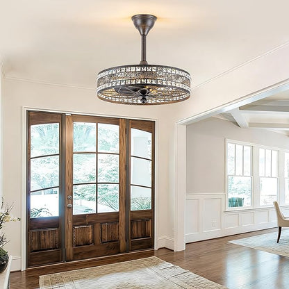 Vintage Chandelier Light Fixture, 6-Light Crystal Victorian Antique Bronze Fandelier Ceiling Fan with Light, Ornate Caged Bladeless Enclosed Drum Decorative Pendant for Dining Living Room, Bedroom