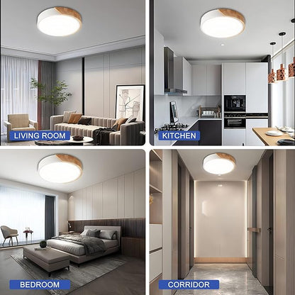 Flush Mount Ceiling Light, 12 inch LED Ceiling Light Fixture, Matte White with Wood, 4500K/24W(150w Equiv.), Not Dimmable Indoor Lighting Fixtures Ceiling for Bedroom and Hallway