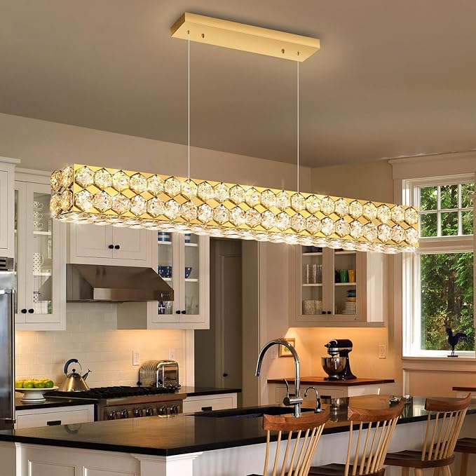 40'' Modern Crystal Chandelier for Dining Room Ceiling Light Fixture for Living Room Hallway Lighting LED Dimmable with Remote Gold