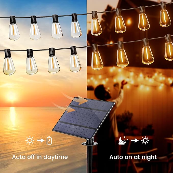 OHLUX 35FT Solar Globe String Lights Outdoor, Waterproof Solar Patio Lights with Remote, 17 Shatterproof LED Filament ST38 Bulbs, 2200K Soft White Dimmable Edison Hanging Lights for Gazebo Deck