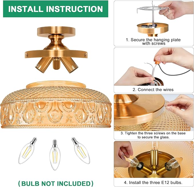 Lamomo Semi Flush Mount Ceiling Light, Upgraded Larger 12 Inch Hallway Light Fixture, 3 Light Globe Glass Close to Ceiling Scone, Amber Indoor Hanging Light for Bedroom Kitchen Porch Hallway