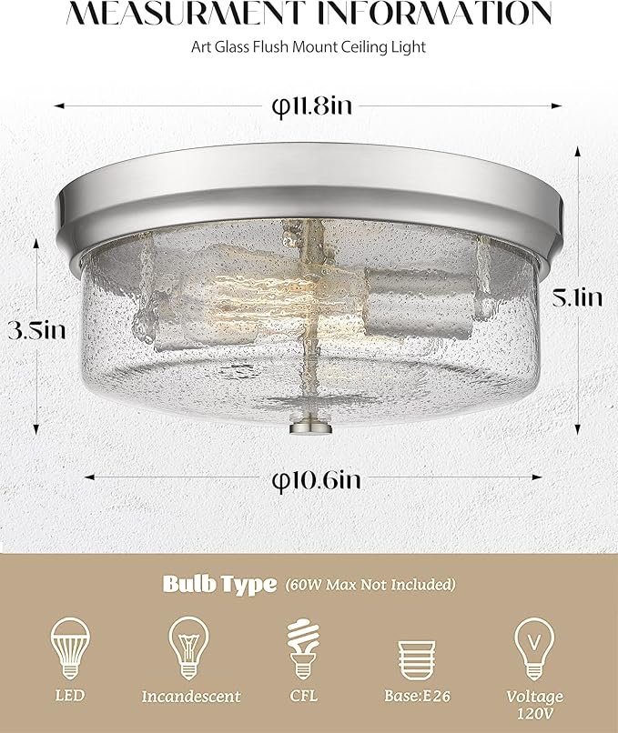 12inch Flush Mount Ceiling Light, Close to Ceiling Light Fixtures, Brushed Nickel Finish with Handmade Seeded Smoky Art Glass Shade for Living Bedroom Room Hallway
