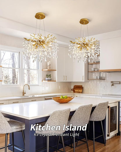 Modern Tree Branch Crystal Chandelier Luxury Gold Crystal Pendant Lighting 18" Contemporary 6-Light Chandeliers for Dining Room Kitchen Bedroom Living Room