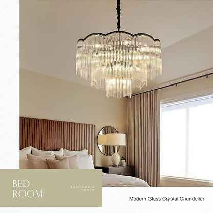 27.75" Black Clear Glass Crystal Chandelier 14-Light Modern Crystal Pendant Ceiling Light Fixture 4-Tier Luxury Glass Chandeliers,for Dining Room Kitchen Island Living Room Bedroom