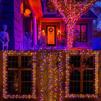 LAMPHOME Orange Purple Green Halloween String Lights Outdoor, 32.5FT 100 LED Waterproof Christmas Lights with 16 Lighting Modes for Halloween Garden Party Christmas Xmas Tree Lights Decor