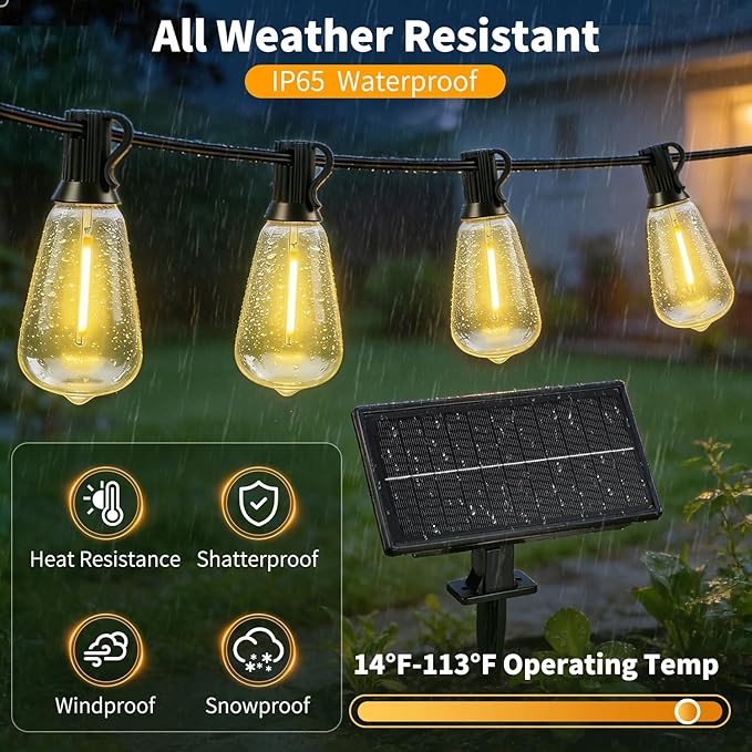 Outdoor Solar String Lights Waterproof: ST38 100ft Shatterproof Patio Lights - Solar Powered & USB Dual Charging - 3 Modes Button Control - Garden Backyard Gazebo Porch Party Decor