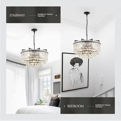 22.2" 10-Light Modern Glass Chandelier Light Fixtures Black 3-Tier Crystal Beads Chandeliers for Dining Room Round Hanging Ceiling Pendant Lighting for Kitchen Island Entryway Foyer Hallway