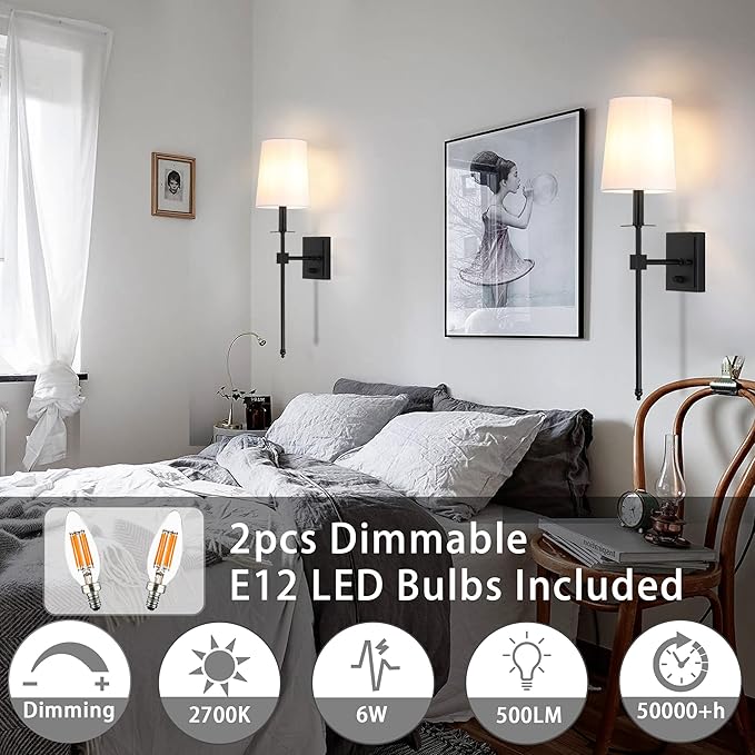 Untrammelife Black Wall Sconces Set of Two, Farmhouse Sconces Wall Lighting with Dimmer ON/Off Switch, Industrial Hardwired Wall Lamps for Bedrooms, Living Room, Bathroom, Vanity (Bulbs Included)