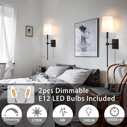 Untrammelife Black Wall Sconces Set of Two, Farmhouse Sconces Wall Lighting with Dimmer ON/Off Switch, Industrial Hardwired Wall Lamps for Bedrooms, Living Room, Bathroom, Vanity (Bulbs Included)