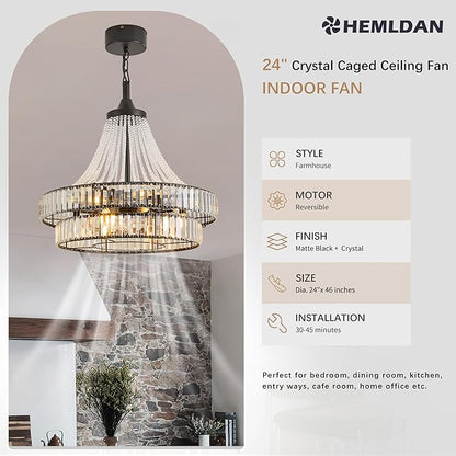 24" Modern Crystal Caged Fandelier, Smart Chandelier Fan with Remote and APP Control, Double Layer Ceiling Fan with Light for Dining Living Room Bedroom, Italian Design-Black
