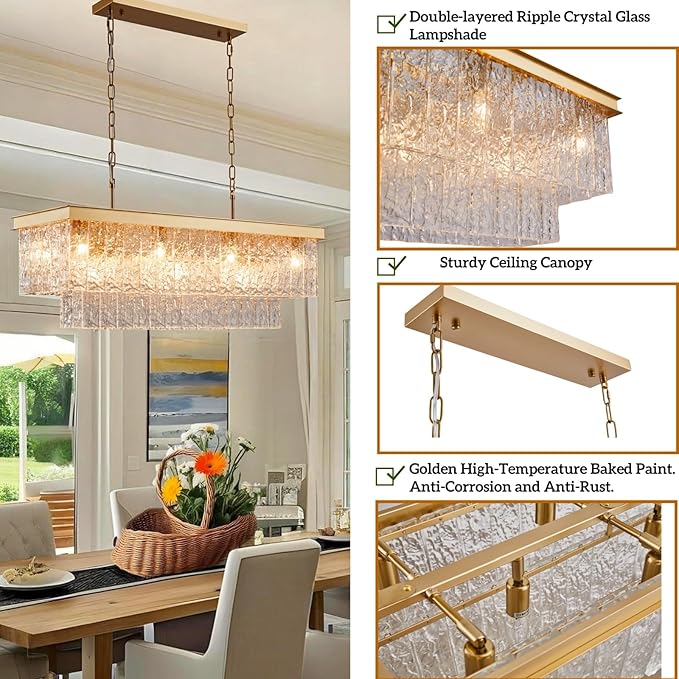 35.4 Inch 11-Light E12 Modern Dining Room Chandelier, Kitchen Island Chandelier Gold Rectangular, Water Ripple Glass Adjustable Hanging Ceiling Light Fixture