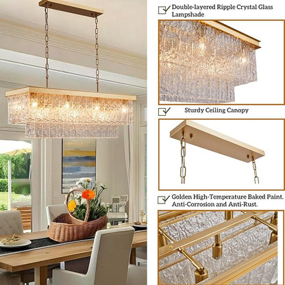 35.4 Inch 11-Light E12 Modern Dining Room Chandelier, Kitchen Island Chandelier Gold Rectangular, Water Ripple Glass Adjustable Hanging Ceiling Light Fixture