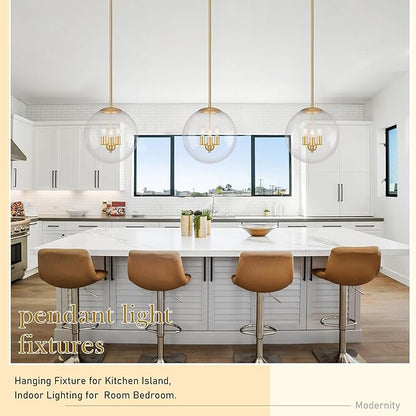 Bagood 14" Globe Pendant Light Contemporary Globe Pendant Lights Kitchen Island 3 Light Gold Mid Century Pendant Light Clear Glass with Brass Finish Adjustable Hanging Light Fixture for Dining Room