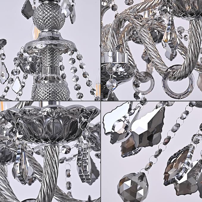 Smoky Gray Crystal Chandelier Modern Double Layer K9 Crystal Chandeliers Lighting 15-Light Crystal Raindrop Hanging Chandelier for Living Room Dining Room(15 Lights)