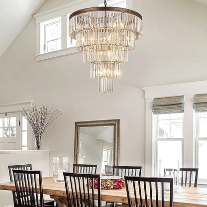 TOCHIC 10 Light Large Crystal Chandelier 31.5 inch, 5-Tier Contemporary Modern Bronze Crystal Chandeliers, Raindrop K9 Round Ceiling Light for Bathroom,Staircase, Entryway, Dining Room, Foyer, Kitchen