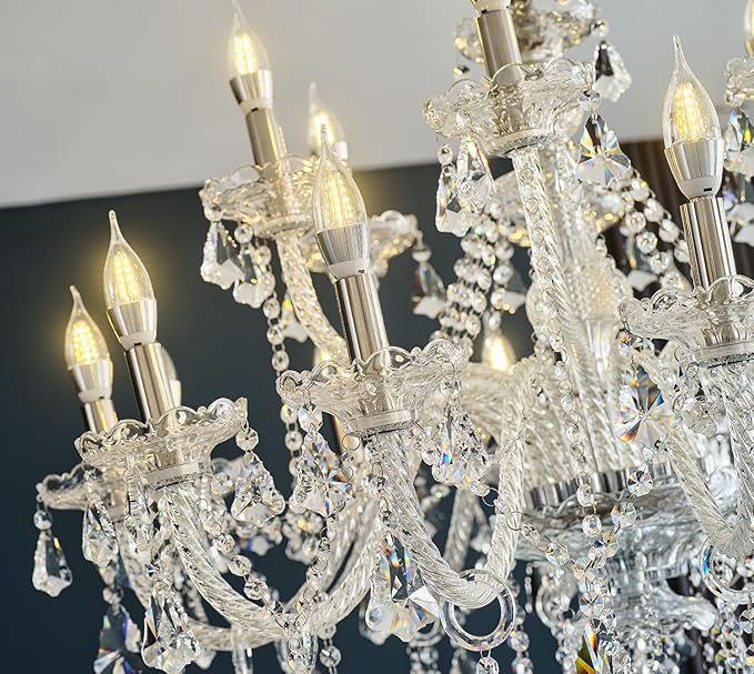 Clear 18 Lights K9 Crystal Chandelier,Chandeliers for Dining Room,Bedroom,Living Room, Candle Pendant Lamp Ceiling Lighting, 39 inch x32 Inch (Color: Clear) with 18pcs 5W E12 LED Bulbs.