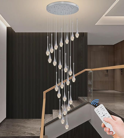Modern Crystal Staircase Chandelier Polished Chrome 24-Lights, H138'' Large High Ceiling Spiral Dimmable LED Raindrop Foyer Entryway Light Fixture Remote Control