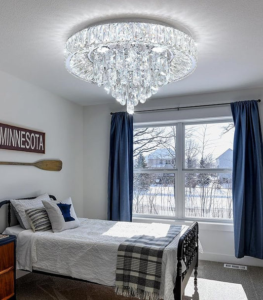 Modern Crystal Chandeliers for Dining Room LED Light Fixture Close to Ceiling Chandelier Flush Mount Ceiling Light Dimmable Lamp with Remote for Living Room Bedroom Hallway 2700K 6000K