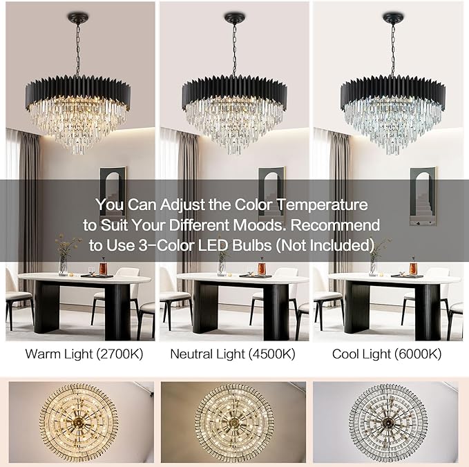 30'' Black Crystal Chandelier 6-Tier K9 Crystal Round Pendant Lights 15-Lights Adjustable Large Modern Crystal Chandelier Light for Dining Room Living Room Kitchen Foyer Entryway