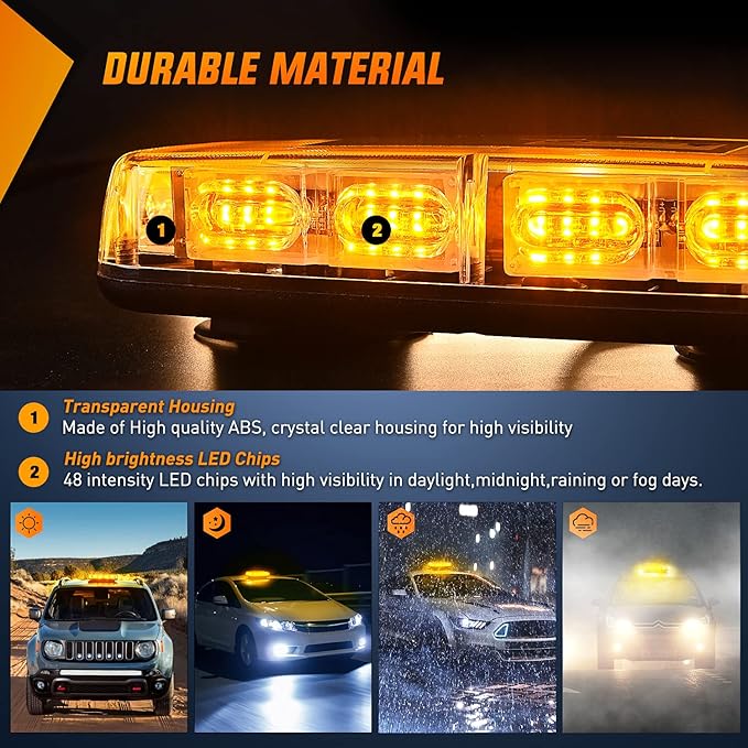 Nilight 12 Inch Roof Top Strobe Lights 48LED Hazard Light Emergency Safety Warning LED Flashing Bar Magnetic Mount 12V 24V Cars Trucks Tractors Snow Plows Construction Vehicles