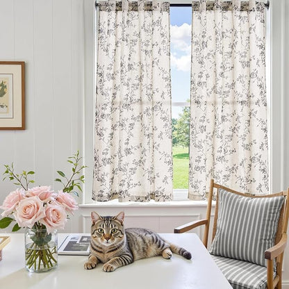 jinchan Floral Kitchen Curtains 54 Inch Linen Tier Curtains Farmhouse Cafe Half Window Drapes for Small Windows Light Filtering Black on Beige for Living Room Bathroom Back Tab 2 Panels