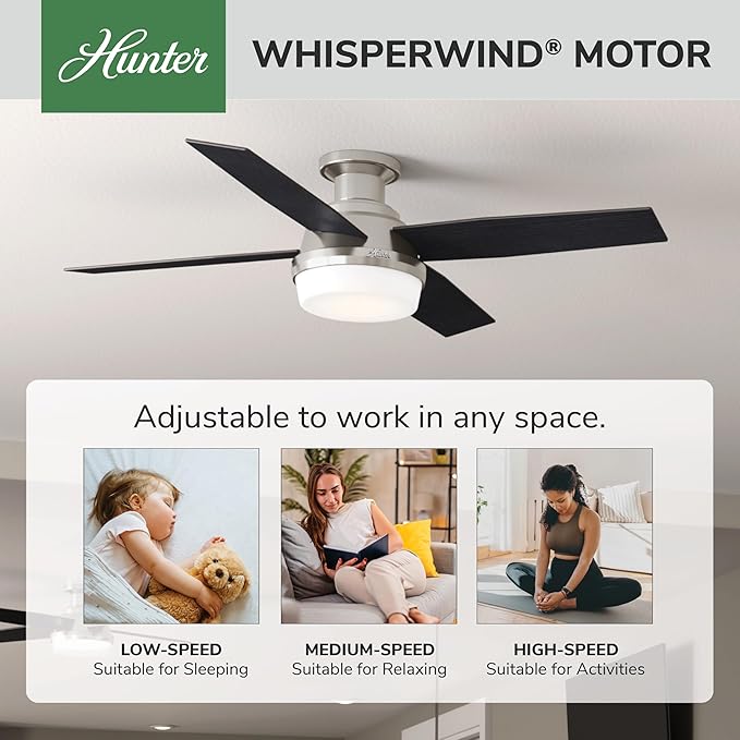 Hunter 52 inch Indoor Ceiling Fan with LED Light and Remote Control - Modern Ceiling Fan, Low Profile Mount, 4 Black Oak Blades, For Bedroom, Living Room, or Kitchen - Dempsey 59241, Brushed Nickel