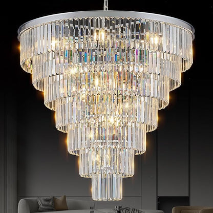 Chrome Crystal Chandelier Large 36" Modern Round Staircase Chandeliers 22 Lights 7-Tier Luxury K9 Crystal Ceiling Pendant Light Fixture for Tall Ceiling Living Room Foyer