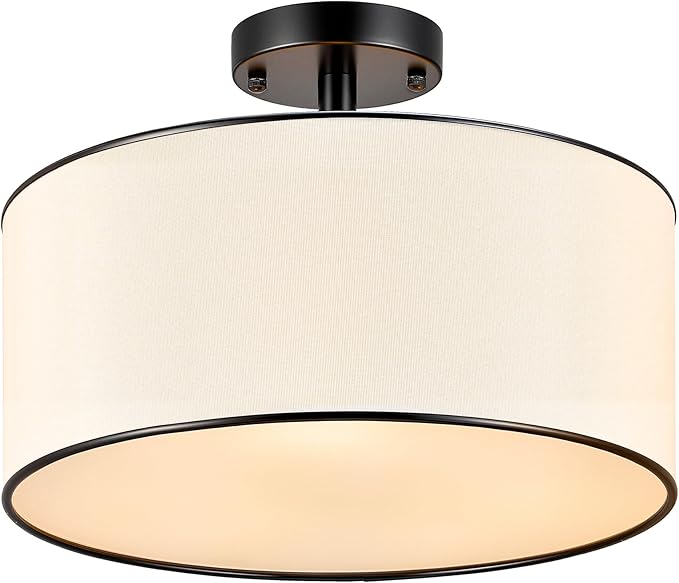 VONLUCE Semi-Flush Mount Ceiling Light, 15" Modern 3-Light Ceiling Light Fixture with White Drum Shade 3 E26 Sockets for Bedroom Entryway Living Room, Black Finish, ETL Certificated
