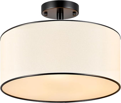 VONLUCE Semi-Flush Mount Ceiling Light, 15" Modern 3-Light Ceiling Light Fixture with White Drum Shade 3 E26 Sockets for Bedroom Entryway Living Room, Black Finish, ETL Certificated