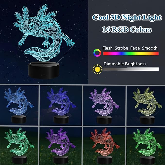 Axolotl Night Light, Axolotl Gifts, 3D Illusion Lamp with Remote Control, 16 RGB Colors, 4 Flashing Modes, Timer, Dimmable, Axolotl Toys Stuff for Decor for Holiday Birthday Christmas