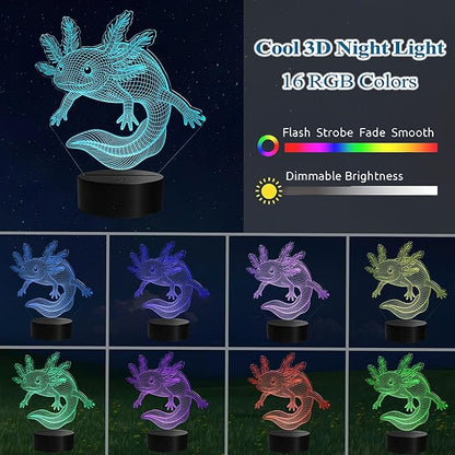 Axolotl Night Light, Axolotl Gifts, 3D Illusion Lamp with Remote Control, 16 RGB Colors, 4 Flashing Modes, Timer, Dimmable, Axolotl Toys Stuff for Decor for Holiday Birthday Christmas