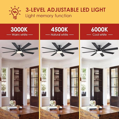 Mpayel Ceiling Fans with Lights, 52 Inch Low Profile Flush Mount Ceiling Fan, Modern Black Ceiling Fan with Light for Bedroom Living Room, Remote/APP Control, Quiet DC Motor, Dimmable, 8 Wood Blades