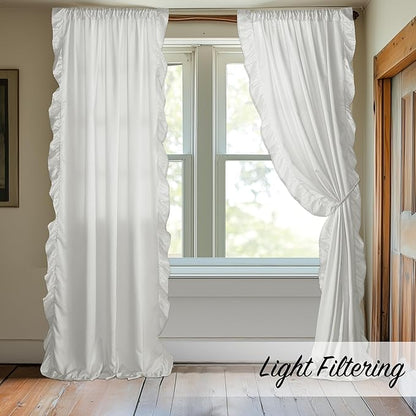 StangH Cottage Ruffle Curtains 96 Inch, Luxurious Satin Shabby Chic Drapery for High Ceiling, Light Filtering Privacy Window Coverings for Living Room/Backdrop, White, W52 x L96, 2 Panels