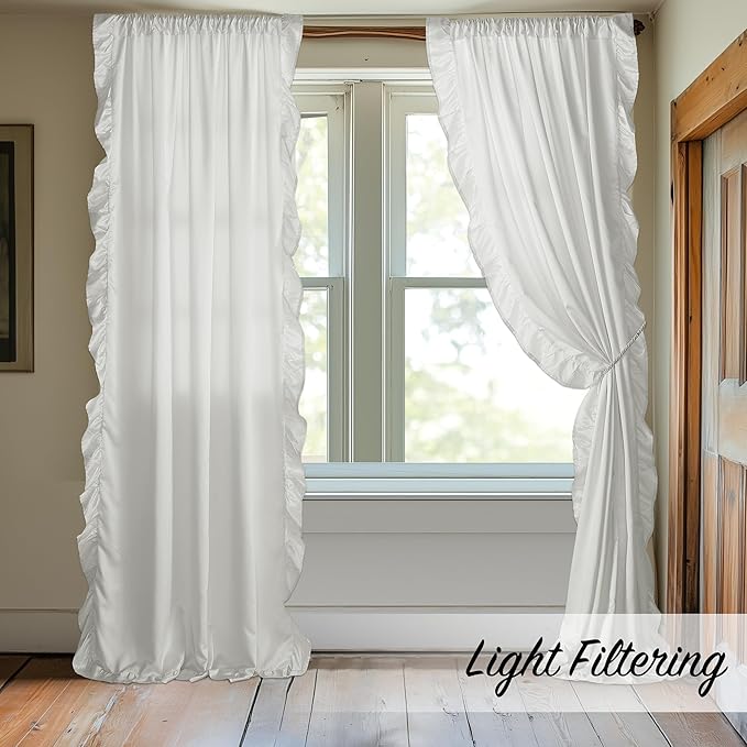 StangH White Ruffle Curtains 52x84 Long 2 Panels, Premium Silky Satin Cottagecore Shabby Chic Curtains for Bedroom/Living Room, Light Filtering Privacy Romantic Vintage Window Drapes